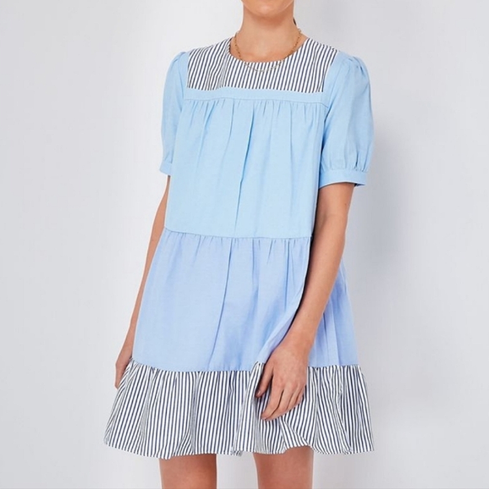 English Factory Blue and White Striped Mini Dress